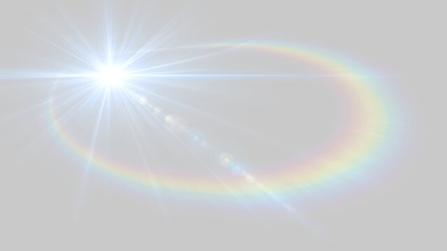 Fascio di luce brillante con riflesso lente ed effetto ottico arcobaleno su sfondo trasparente PNG per effetti visivi luminosi bagliore solare e chiarore scintillante sovrapposizione