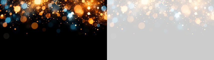 Bordo superiore luminoso con bokeh dorato e particelle di luce scintillante su sfondo trasparente in formato PNG per grafica festiva, celebrazioni, Natale e Capodanno elegante © Angela