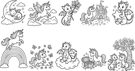 Obraz premium Cute fantasy dragons and unicorns coloring page vector set