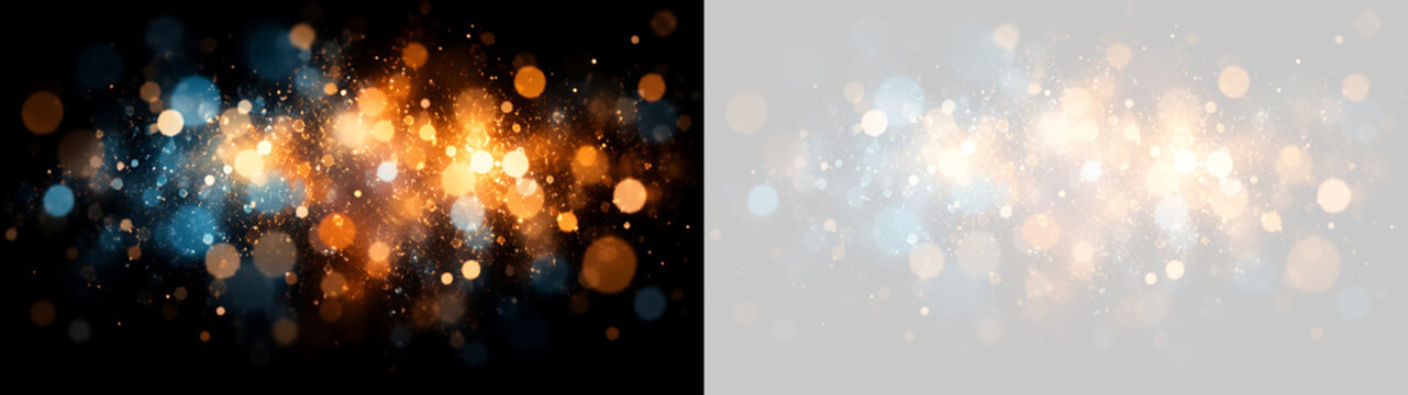 Nuvola scintillante di particelle luminose con bokeh arancione e blu su sfondo nero e trasparente PNG per effetti speciali composizioni grafiche natalizie e sovrapposizioni