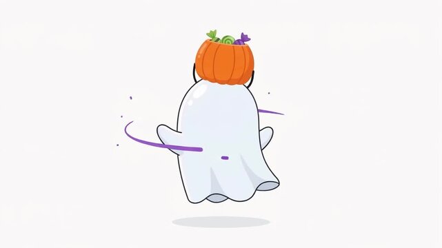 Cute Cartoon Ghost Wearing a Pumpkin Bucket Full of Candy for Halloween
