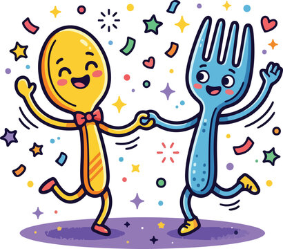 Cute cartoon spoon and fork characters dancing together at a party with falling confetti