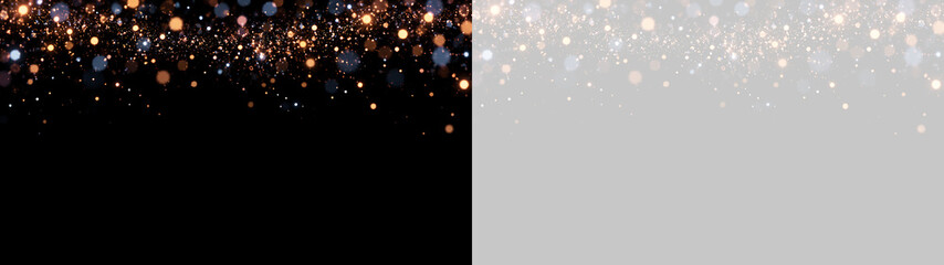 Bordo superiore con particelle glitter dorate ed effetto bokeh luminoso isolato su sfondo trasparente, elemento grafico in formato PNG per inviti eleganti e sfondo festivo © Angela