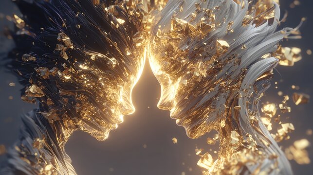 Two surreal characters merge in luminous embrace, golden vapor wrapping crystalline shards, electro-pop palette glow