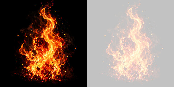 Fiamma di fuoco ardente con scintille e fiammata isolata su sfondo trasparente PNG per compositing grafico ed effetti visivi realistici di fal&ograve; o incendio ad alta risoluzione