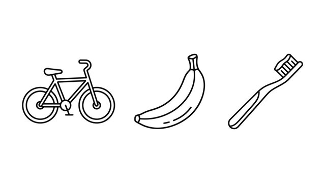 Icon set of bicycle, banana, and toothbrush