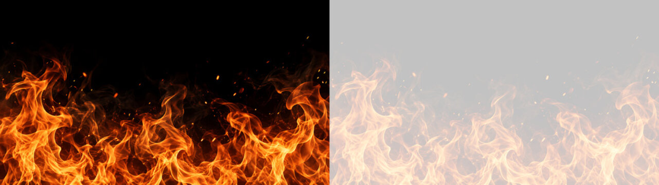 Muro di fiamme ardenti e fuoco intenso con scintille incandescenti su sfondo trasparente PNG per grafica digitale banner orizzontale ed effetti speciali di calore fiammeggiante