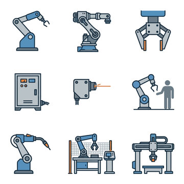 Grid of industrial robot and robotic arm icons on white background
