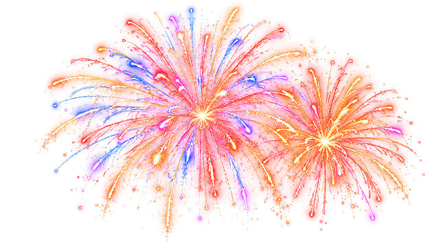 Fuochi d'artificio colorati con scintille luminose ed esplosioni pirotecniche per feste di capodanno e celebrazioni festive, elemento grafico isolato in formato PNG trasparente