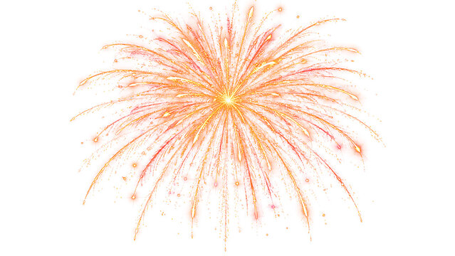 Singola esplosione di fuochi d'artificio dorati con bagliori scintillanti ed effetto luce pirotecnica per festa di capodanno e notte di festa, grafica isolata su sfondo PNG trasparente