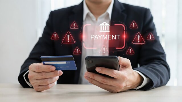 Man holding credit card and smartphone with security alerts
