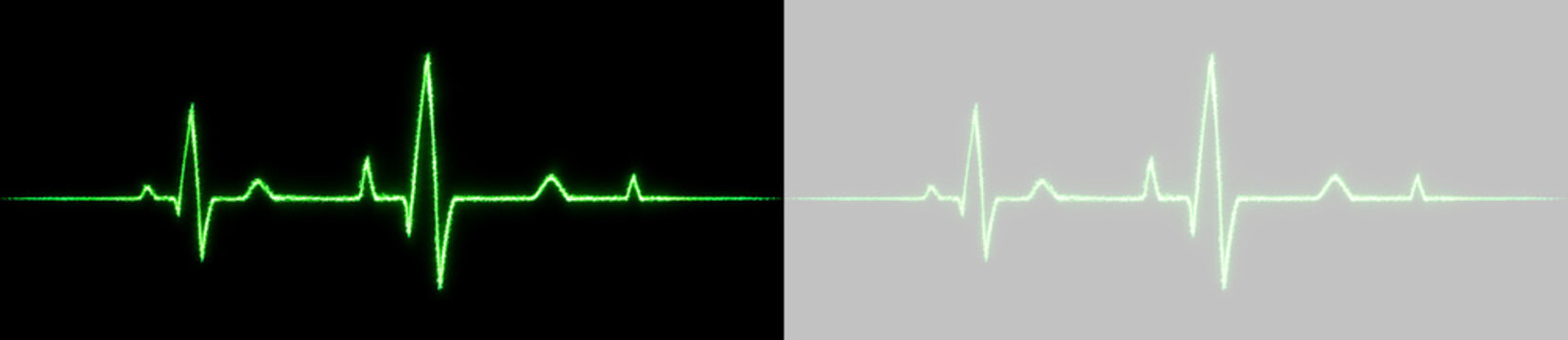 Tracciato ecg verde luminoso con effetto particelle brillanti su sfondo trasparente e nero PNG, linea cardiogramma al neon per tecnologia medica, frequenza cardiaca e ospedale