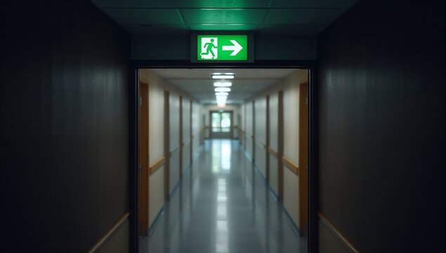 Generative AI depicts a quiet hospital corridor with an emergency exit sign