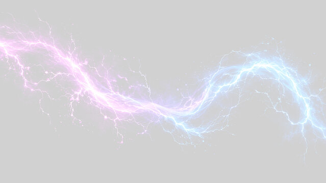Fascio di luce elettrica con fulmini rosa e blu ed effetto energia luminescente su sfondo trasparente in formato PNG per grafica vettoriale, composizione visiva ed effetti speciali
