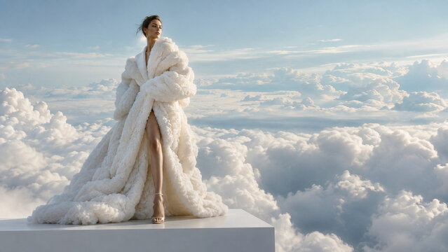 Surreal fashion portrait of a woman in a fluffy white coat standing above the clouds, ideal for luxury, beauty, winter, editorial and creative advertising campaigns.