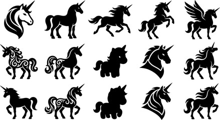 Obraz premium Majestic unicorn silhouettes and tribal pony vector icon set