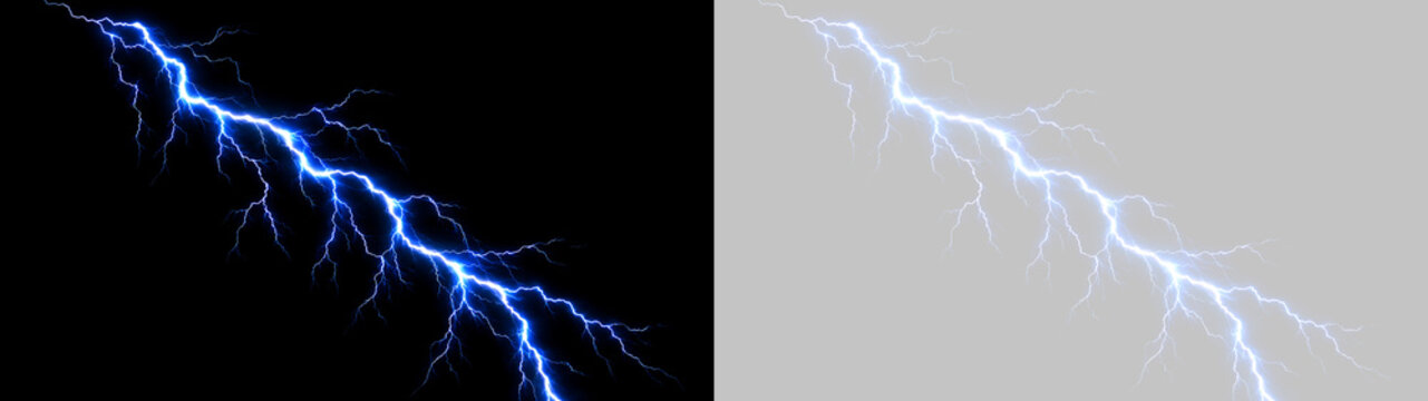 Scarica elettrica con fulmine blu ramificato mostrato su sfondo nero e sfondo trasparente PNG per sovrapposizione, effetti di tempesta e progetti creativi di grafica digitale