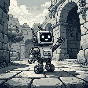Grayscale boxy robot waving on a stone path among crumbling ruined arches
