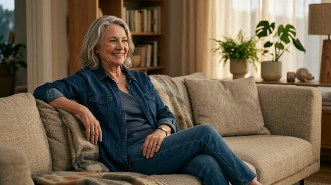 Older woman in a denim shirt smiling on a beige sofa in a book lined room