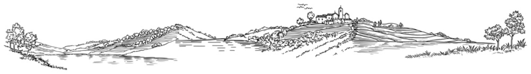 Obraz premium Rolling hills with terraced vineyards and hilltop village in panoramic line art style