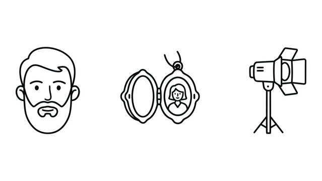 Set of line art vector icons featuring a bearded mans face, an open vintage locket necklace with a portrait, and a professional studio spotlight on a tripod stand