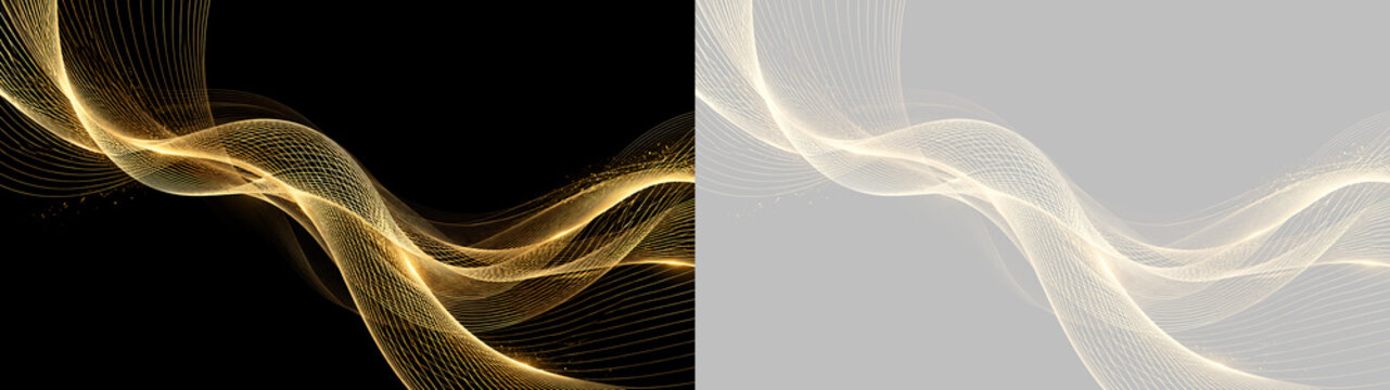 Onda dorata astratta con linee fluide luminose ed effetto glitter su sfondo trasparente, elemento grafico elegante e lussuoso in formato PNG per design moderno e decorazioni