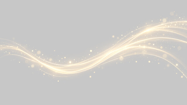 Scia luminosa dorata con effetto bokeh e particelle glitter su sfondo trasparente in PNG, onda di luce fluida ed elegante per banner pubblicitari e progetti grafici moderni