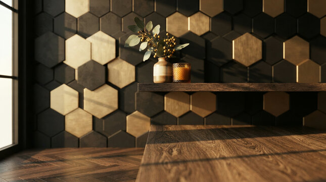 Grey and gold hexagon tiled wall above a sunlit wooden dining table setting