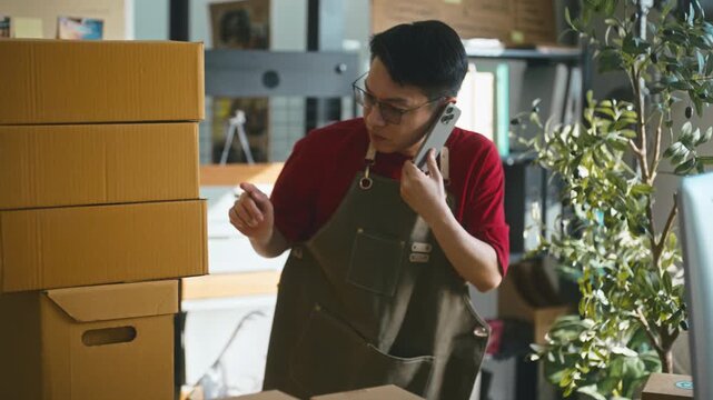 Asian male entrepreneur in a red shirt talking on a smartphone with a customer while typing computer to check online customer orders details.