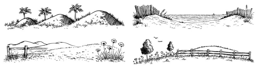 Obraz premium Rural countryside and coastal beach scenery sketches in hand drawn doodle style