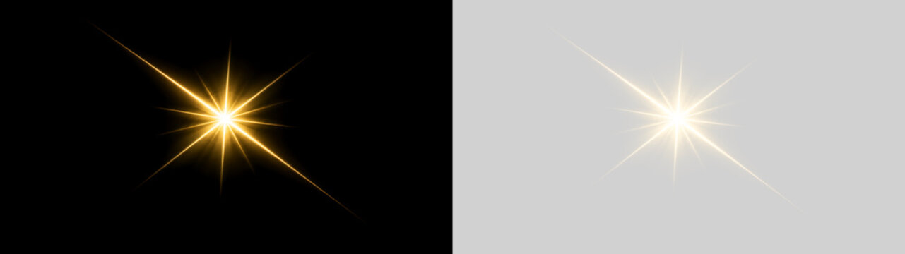 Effetto luce dorata brillante con bagliore a stella e raggi solari scintillanti isolati su sfondo trasparente, elemento grafico PNG per composizioni visive e design moderno