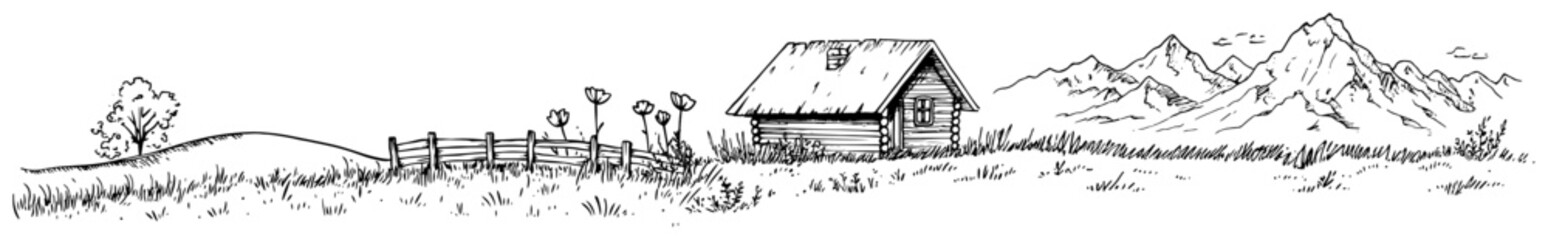 Obraz premium Mountain landscape with wooden cabin and rural meadow in hand drawn sketch style