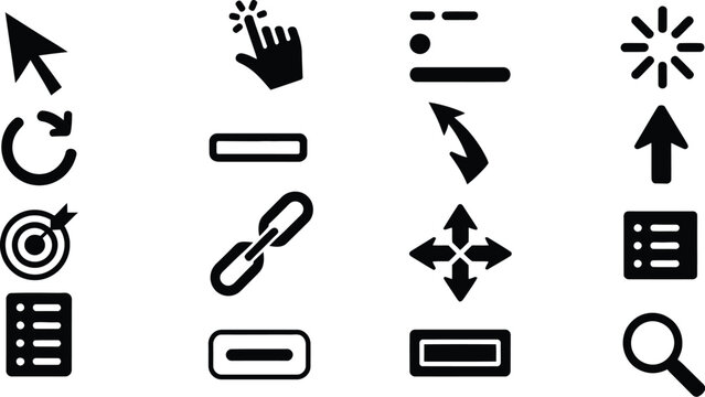 Cursor interface symbols, solid glyph icon set featuring mouse cursor, hand pointer, loading spinner, click button, link, drag arrows, selection box, and touch target.
