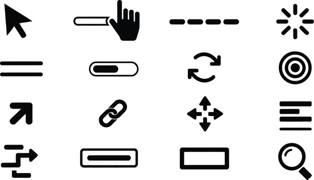 Cursor interface symbols, solid glyph icon set featuring mouse cursor, hand pointer, loading spinner, click button, link, drag arrows, selection box, and touch target.
