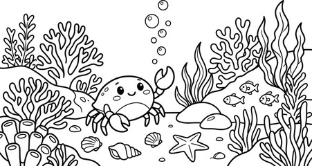 Fototapeta premium Dive into the ocean's depths a delightful underwater coloring page featuring a playful crab and marine life