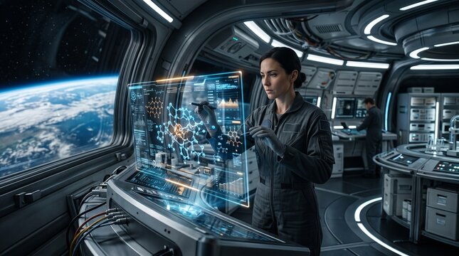 Dedicated female scientist interacts with a dynamic holographic interface inside a futuristic spacecraft, meticulously analyzing complex data with Earth's majestic view outside