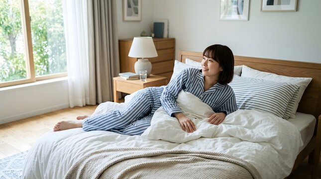 Peaceful young woman relaxing on comfortable bed in morning sunlight
