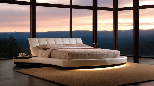 A modern bedroom with a sleek bed design, large windows showcasing a mountain sunset view