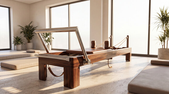 Pilates reformer equipment standing in a contemporary studio space, featuring large windows and natural light, ready for individuals seeking fitness, flexibility, and a holistic approach to exercise