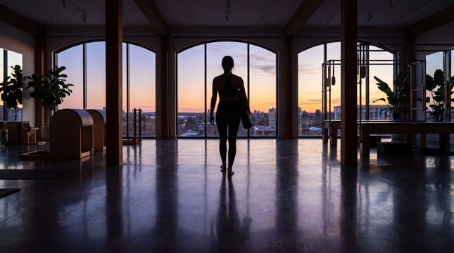 Woman silhouette carrying a mat, walking across a modern fitness studio towards large arched windows revealing an urban cityscape and colorful sky at the end of a workout session