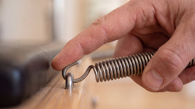 Person's hand attaching a metal resistance spring to a pilates reformer machine, emphasizing equipment setup, customization, and preparation for a personalized fitness session