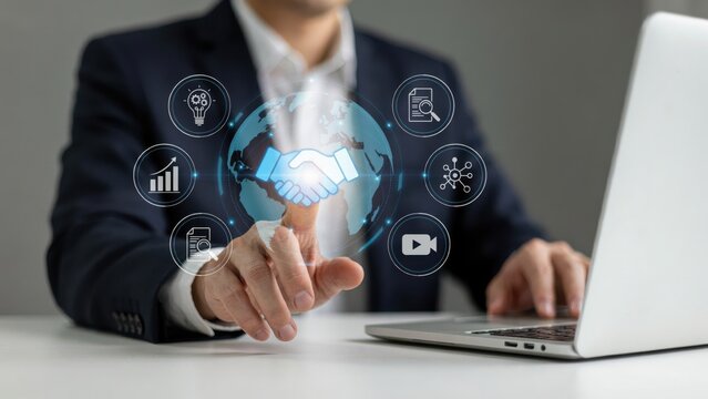 Businessman interacting with digital global business network