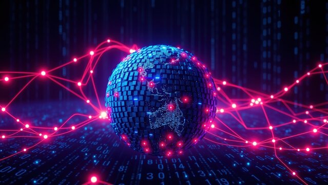 Digital globe surrounded by glowing network, binary code streams. Futuristic concept representing global connectivity, data flow.