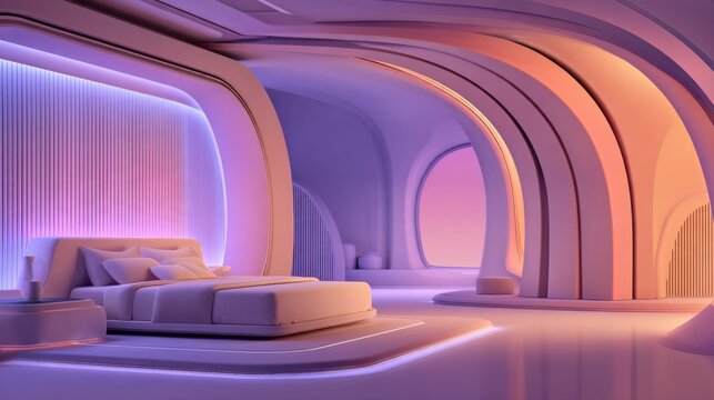A modern bedroom featuring smooth curves and soft lighting with a warm color palette