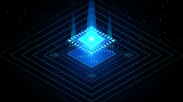Futuristic isometric microchip glowing blue on a dark cyber tech background with light beams