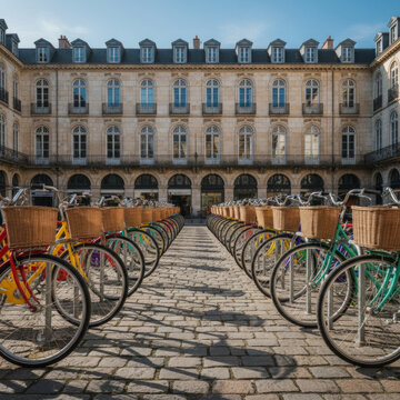 Colorful Vintage Bicycles with Wicker Baskets Parked in Symmetrical Rows at French Square