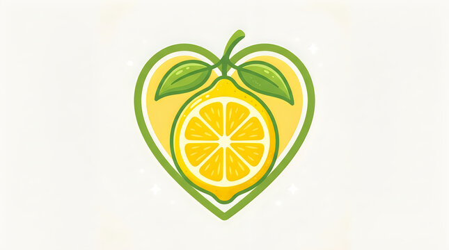 Fresh lemon fruit slice inside a green heart shape illustration