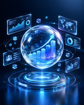 Futuristic global business analytics displayed through a glowing data globe and floating financial chart projections.
