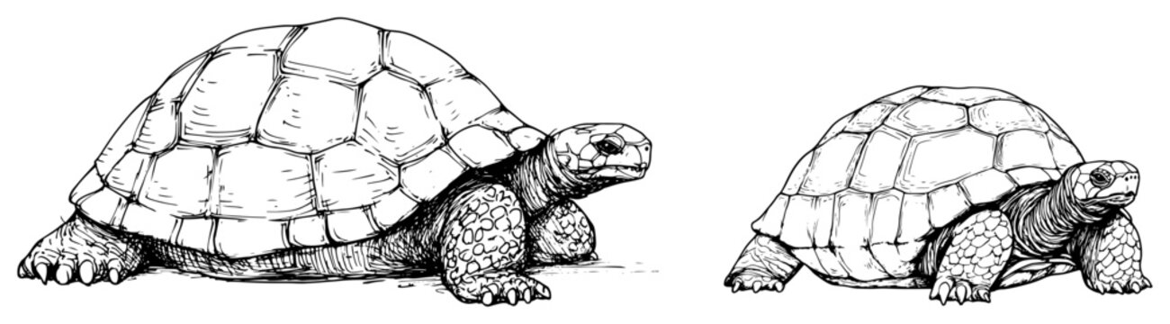 Giant tortoise reptiles walking slowly in detailed ink sketch style