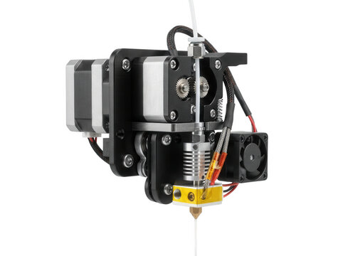 Metal 3d printer extruder assembly with cooling fan and hotend nozzle isolated on transparent background for additive manufacturing